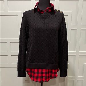 Ralph Lauren Black Cable Knit Sweater with Red Plaid Layer